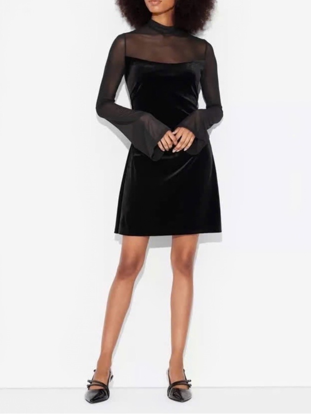 Black Velvet Mesh Yoke Long-Sleeve Dress